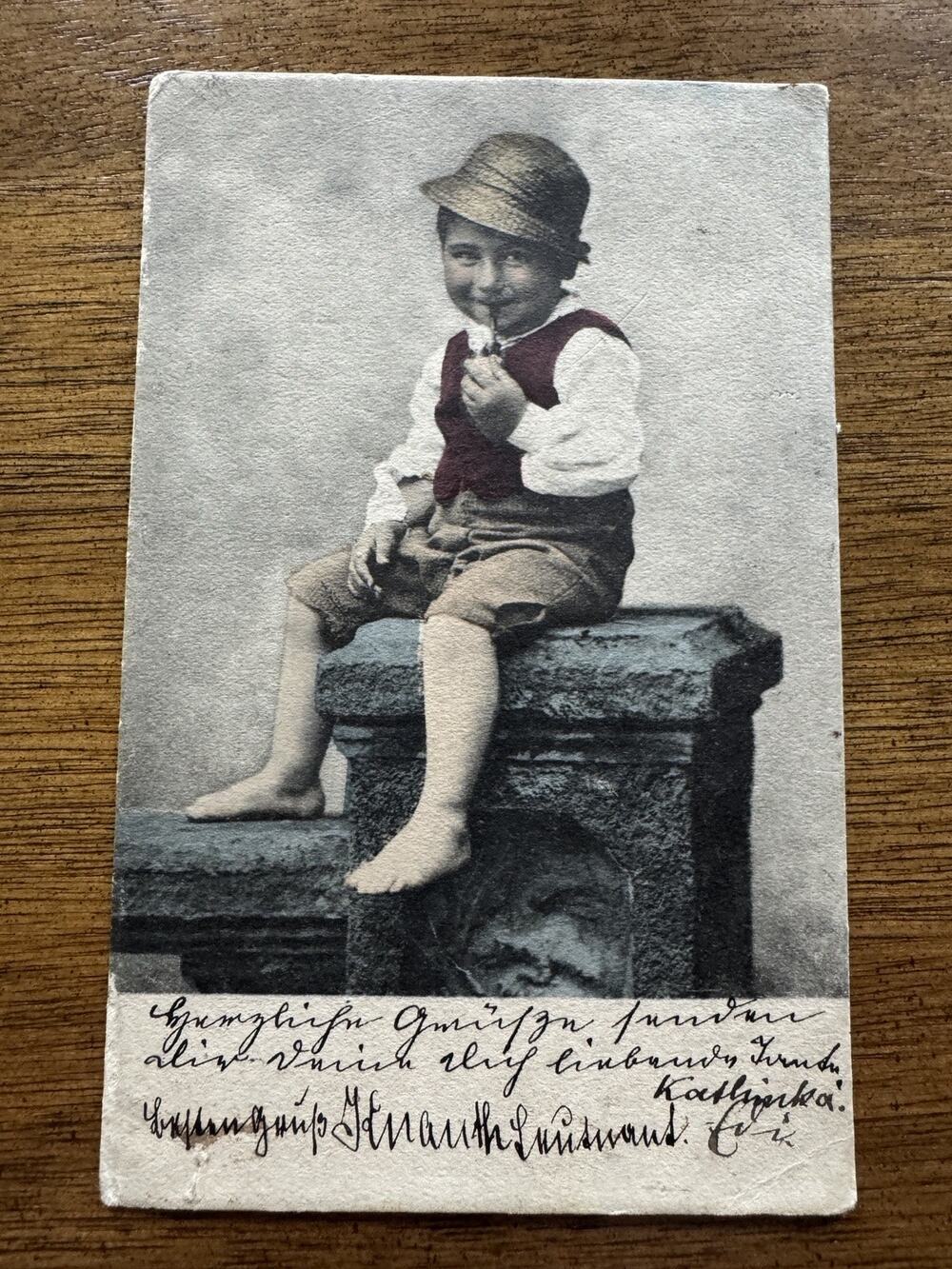 Antique 1903 Boy Smoking Pipe Postcard Koch & Bitriol Bavaria Stamps